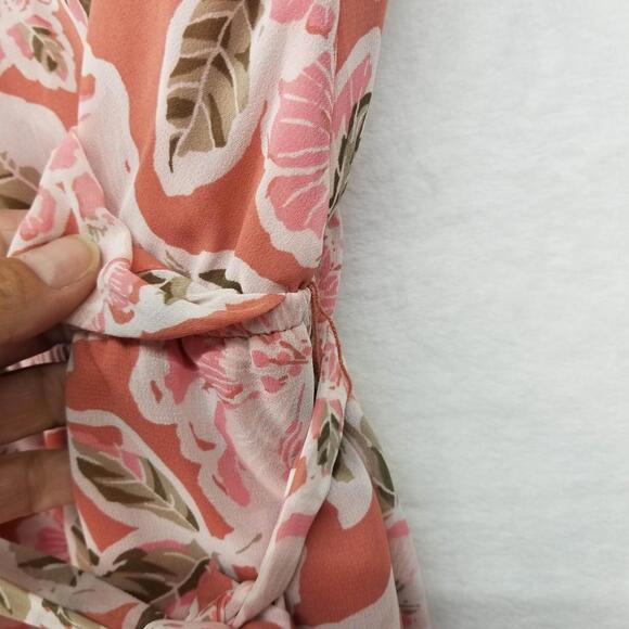 Loft Outlet Floral Faux Wrap Dress Womens Large Peach Rose Summer Wedding - Picture 10 of 14